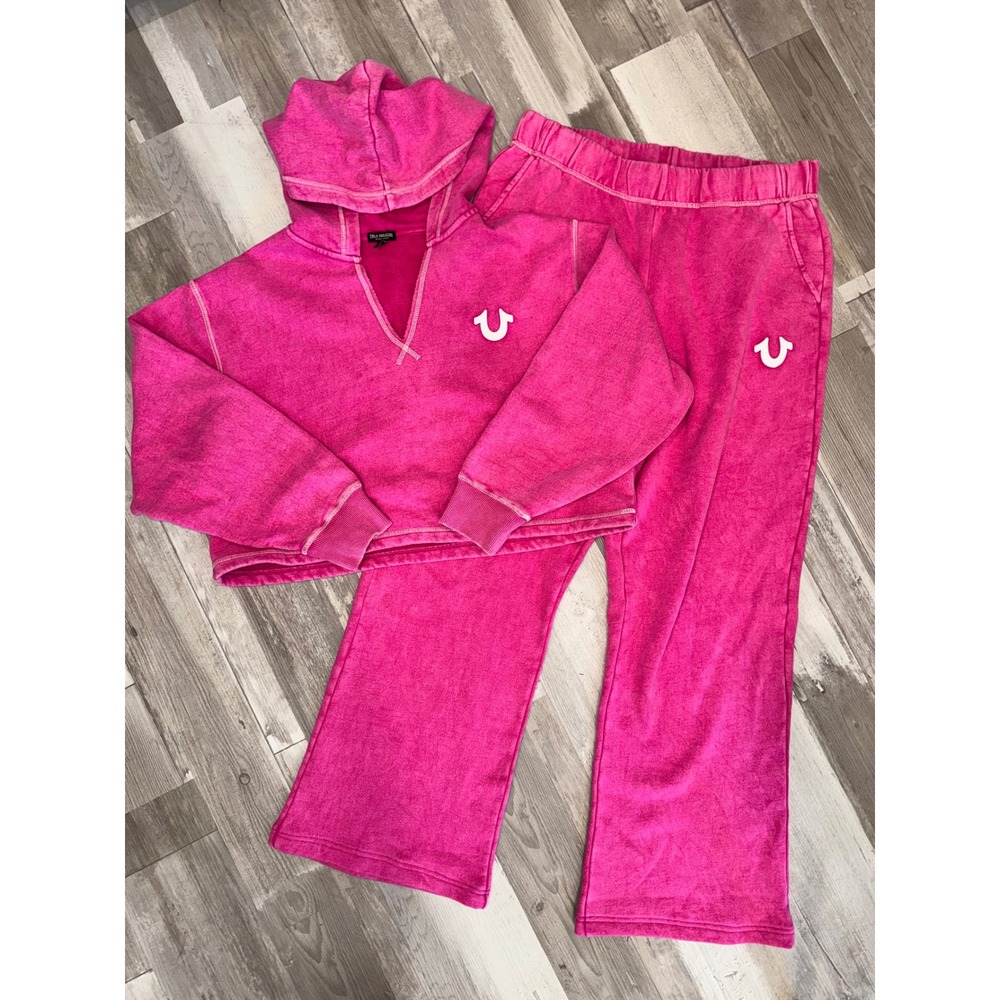 True Religion Tracksuit Women Hot Pink Acid Wash Cropped Hoodie Wide Leg Set L